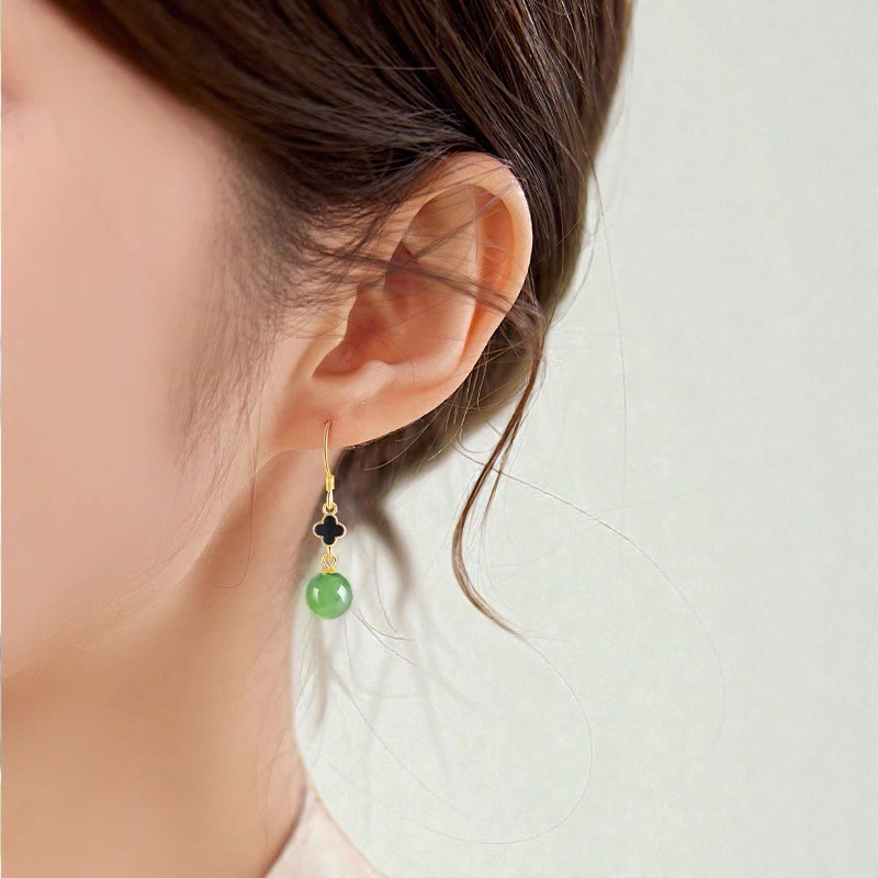 Love + Jade, 7mm Natural Green Jade Clover Drop Earrings