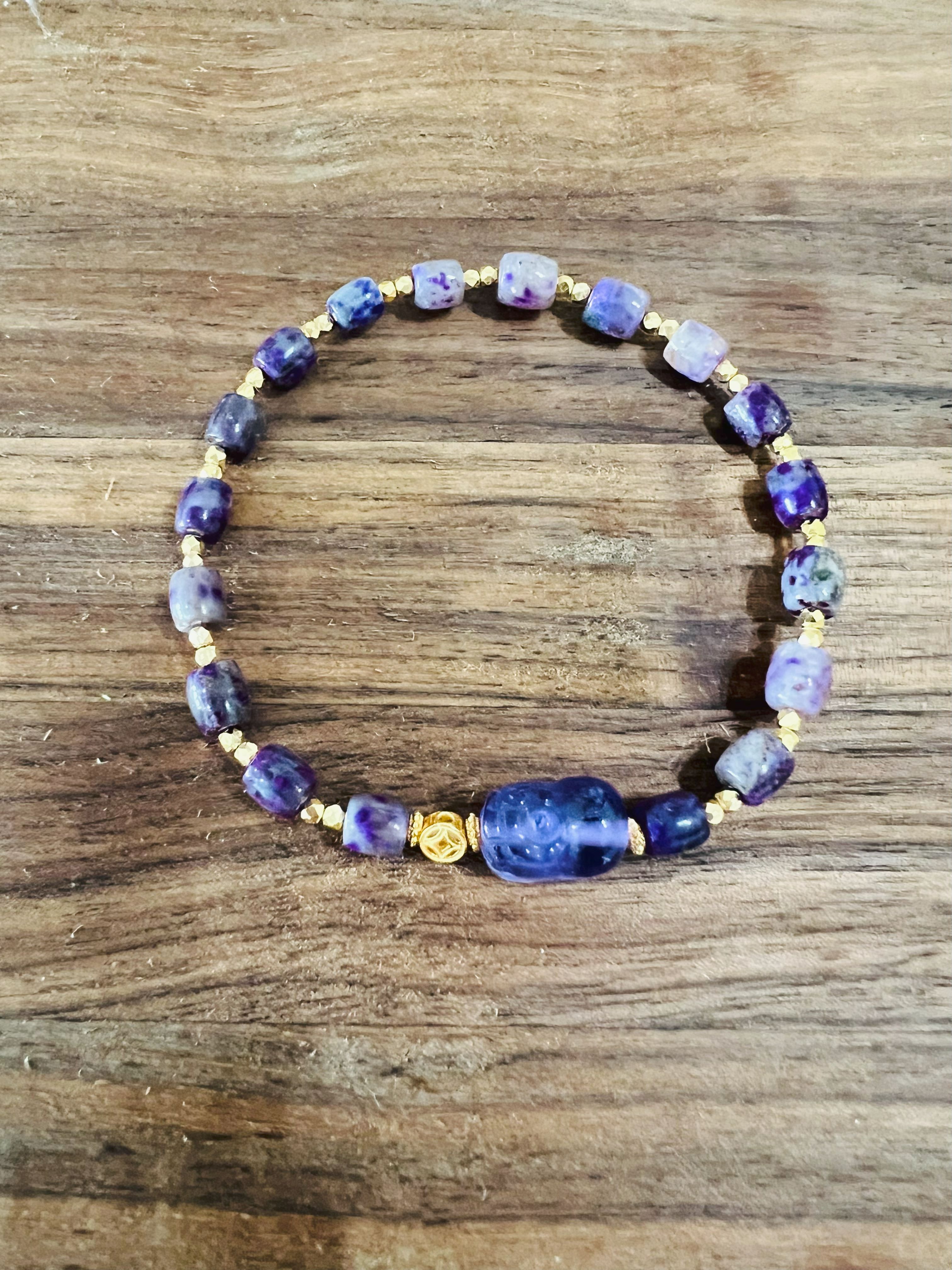 Sugilite Cylinder Bead Bracelet with Sugilite Pixiu Charm – Mixed Purple & Deep Violet | Certified Authentic