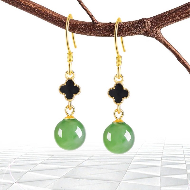 Love + Jade, 7mm Natural Green Jade Clover Drop Earrings