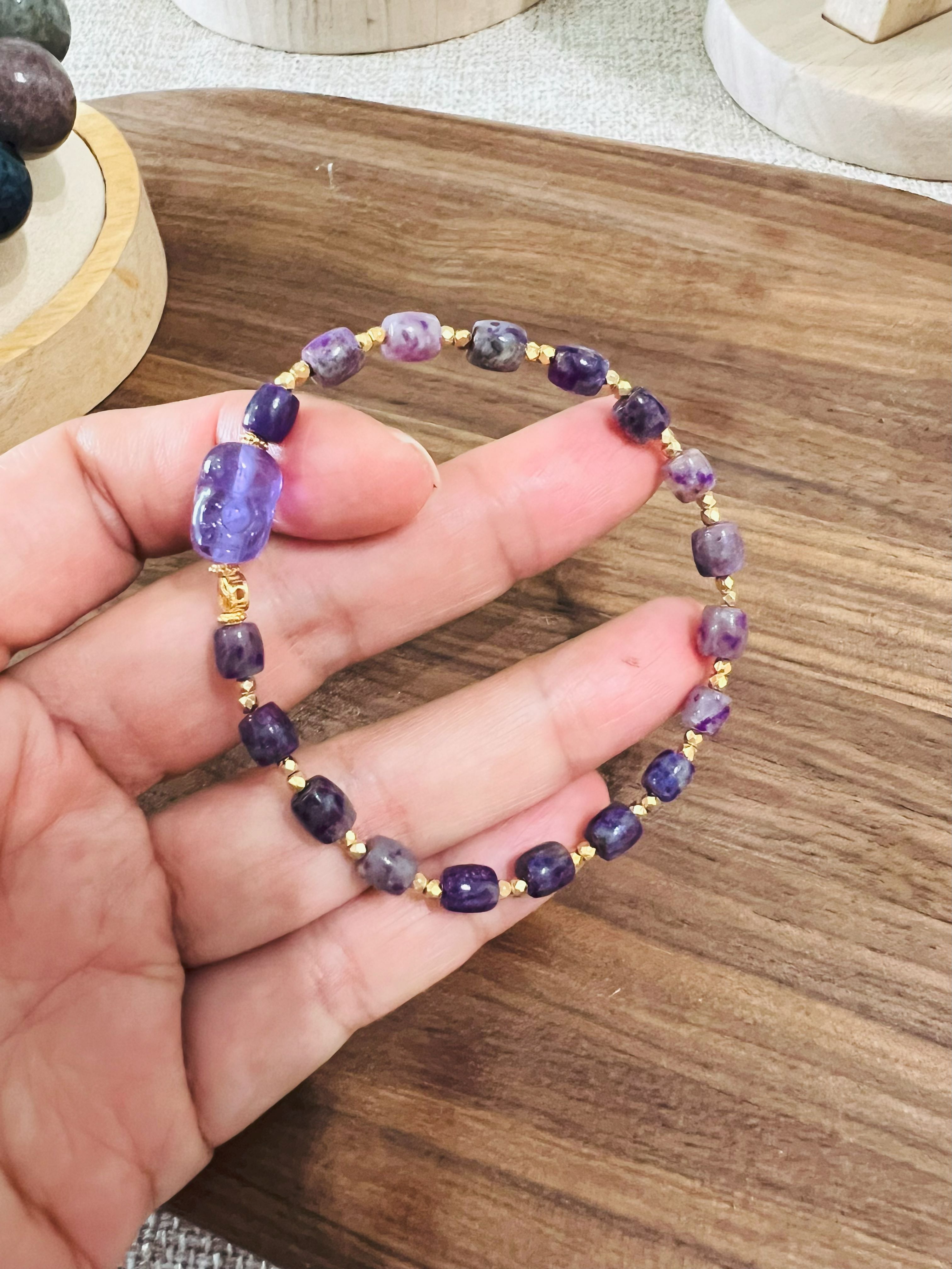 Sugilite Cylinder Bead Bracelet with Sugilite Pixiu Charm – Mixed Purple & Deep Violet | Certified Authentic