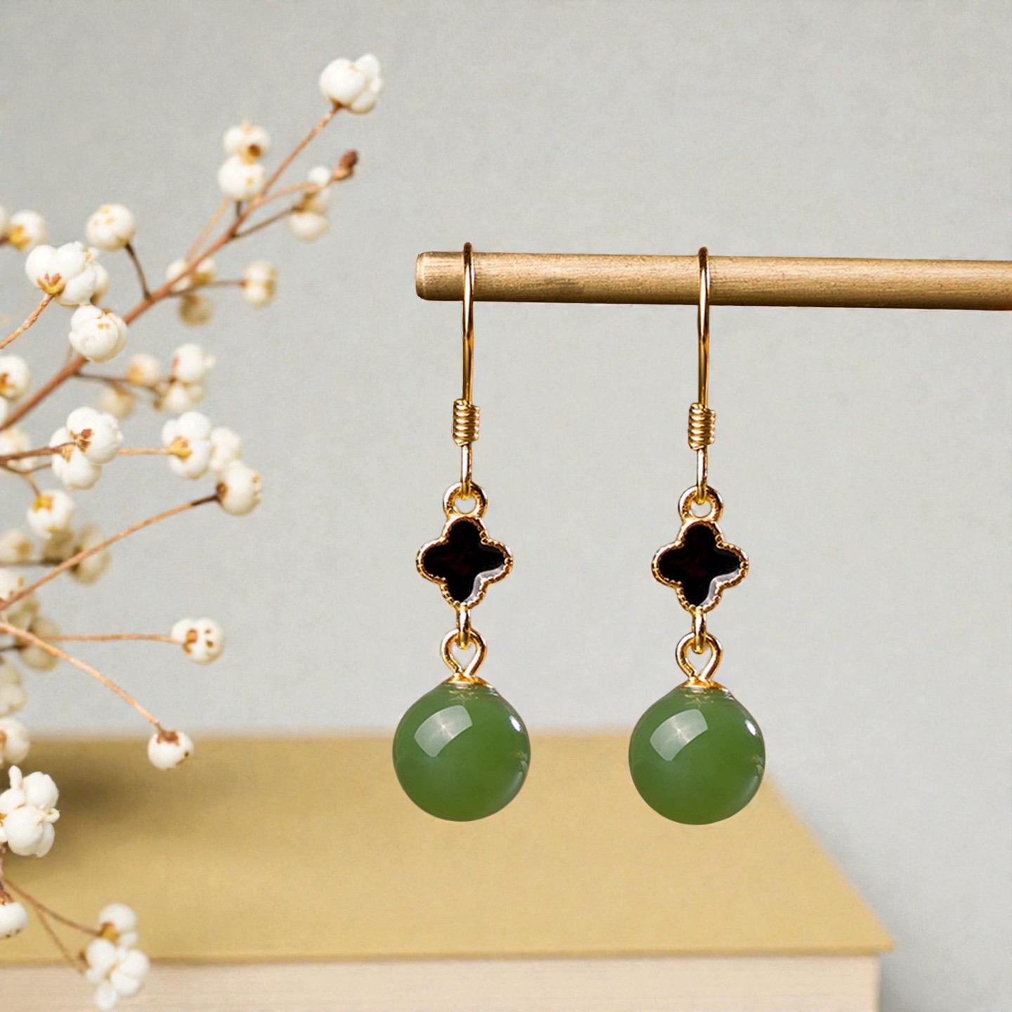 Love + Jade, 7mm Natural Green Jade Clover Drop Earrings