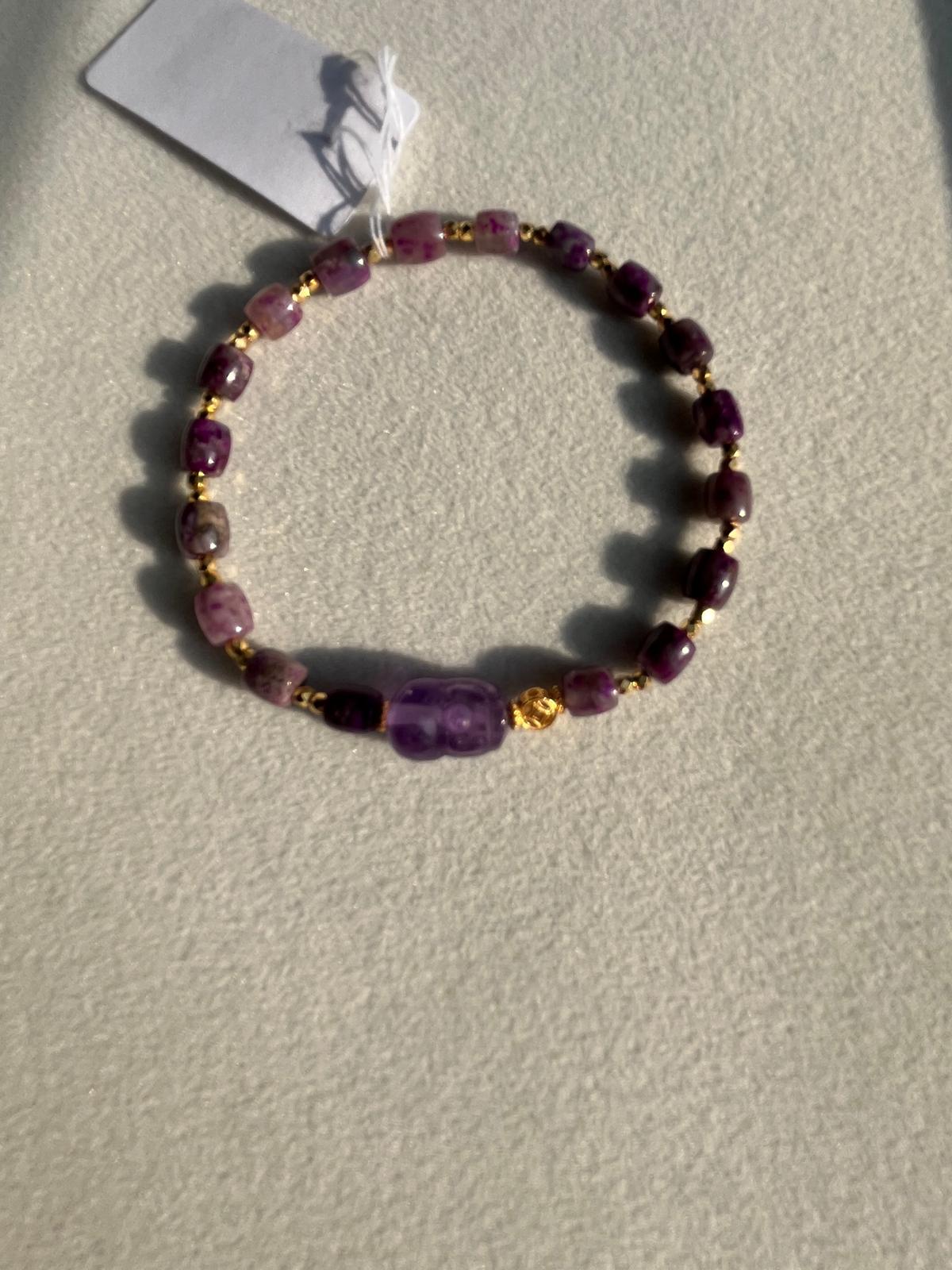 Sugilite Cylinder Bead Bracelet with Sugilite Pixiu Charm – Mixed Purple & Deep Violet | Certified Authentic
