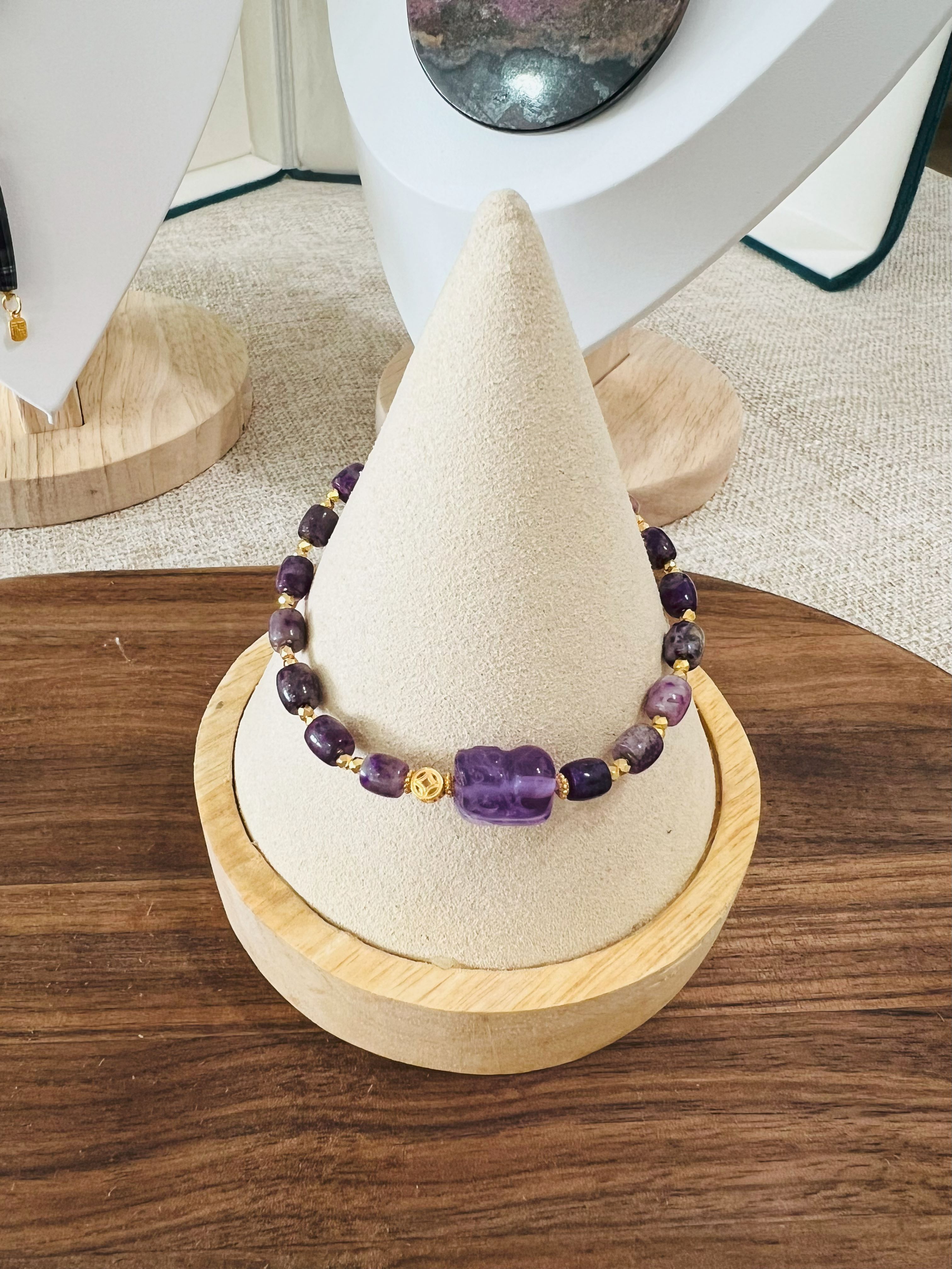 Sugilite Cylinder Bead Bracelet with Sugilite Pixiu Charm – Mixed Purple & Deep Violet | Certified Authentic