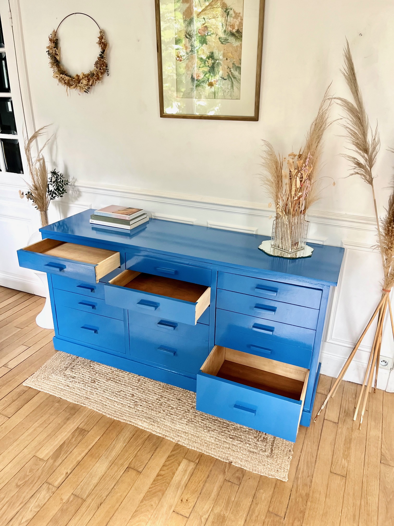 Meuble de métier bleue électrique vintage