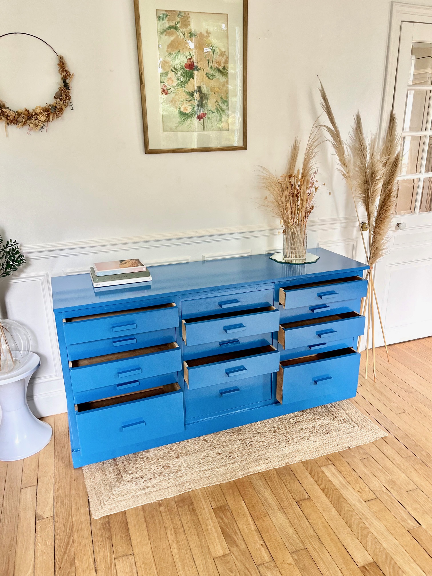 Meuble de métier bleue électrique vintage