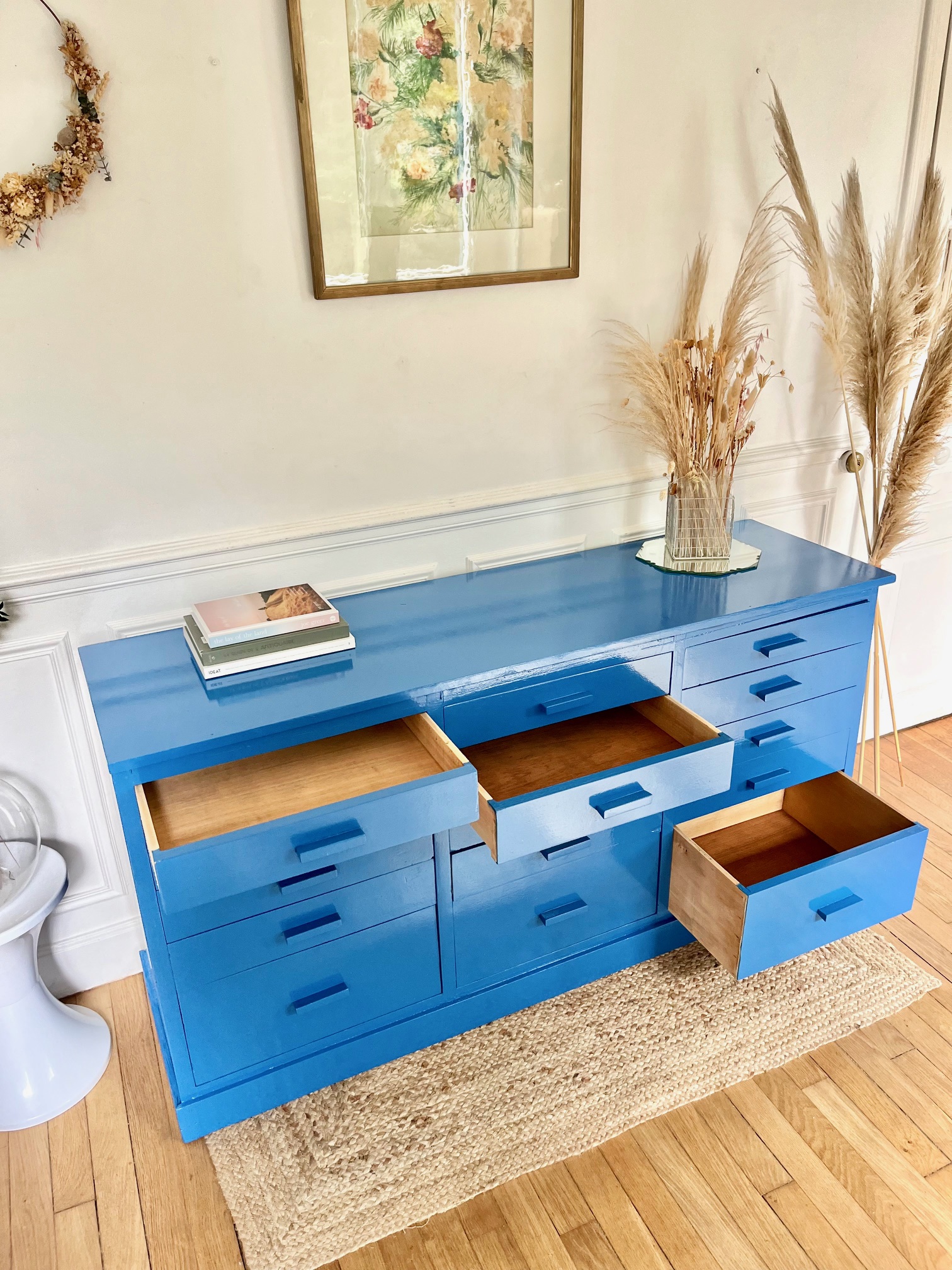 Meuble de métier bleue électrique vintage