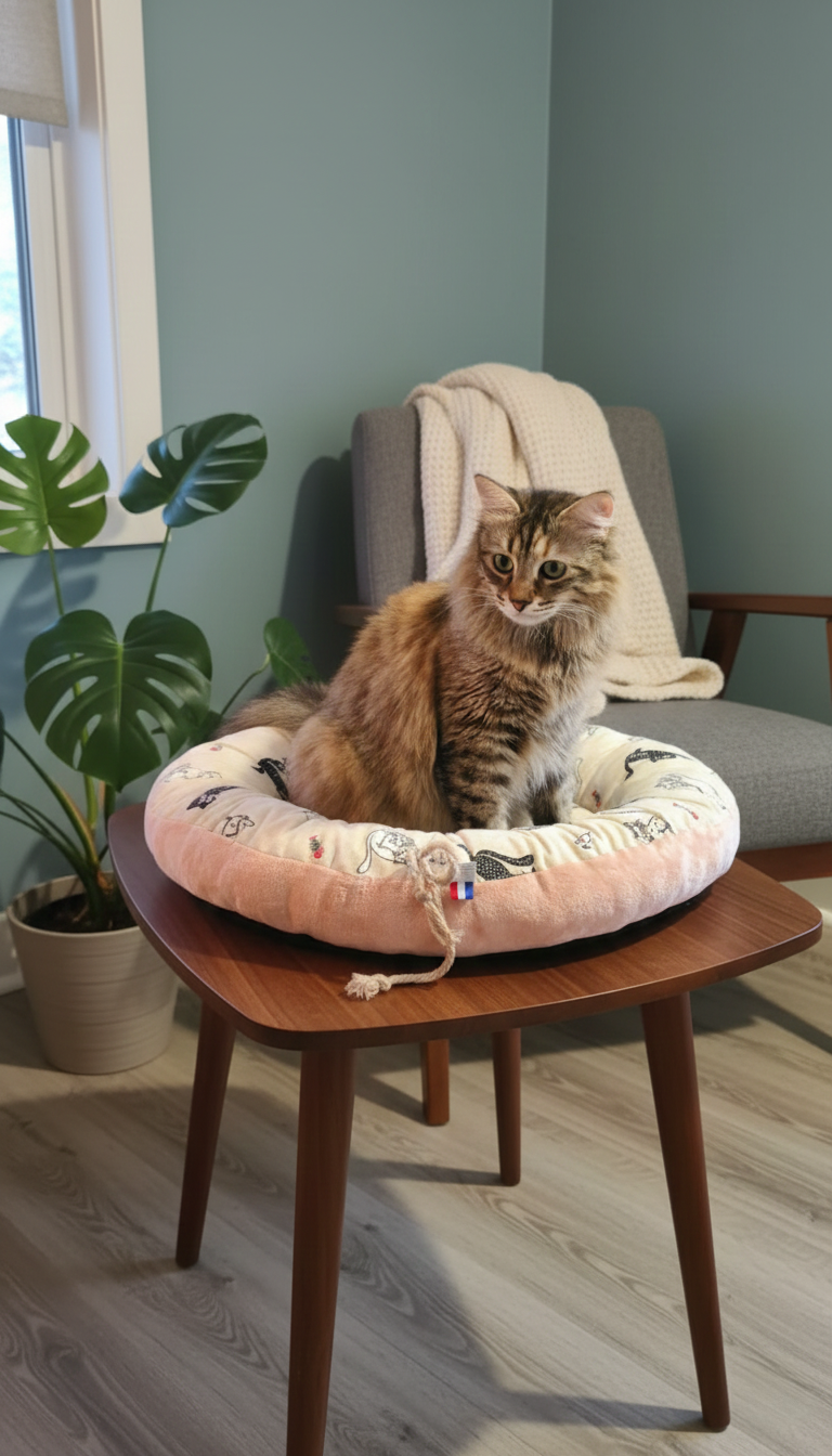 PANIER CHAT MOELLEUX ROSE MOTIFS CHATS