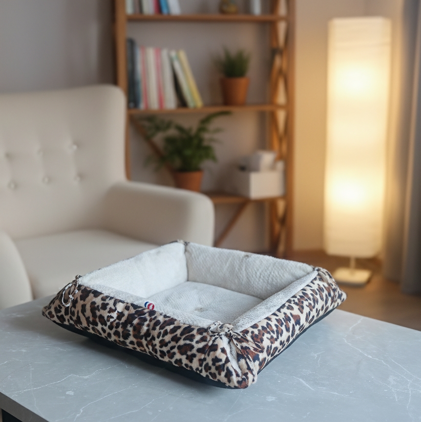 PANIER CHAT CARRE LÉOPARD  & CRÈME MOELLEUX 