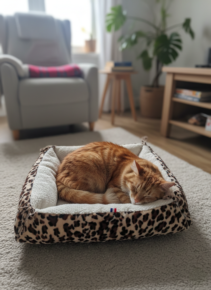 PANIER CHAT CARRE LÉOPARD & CRÈME MOELLEUX