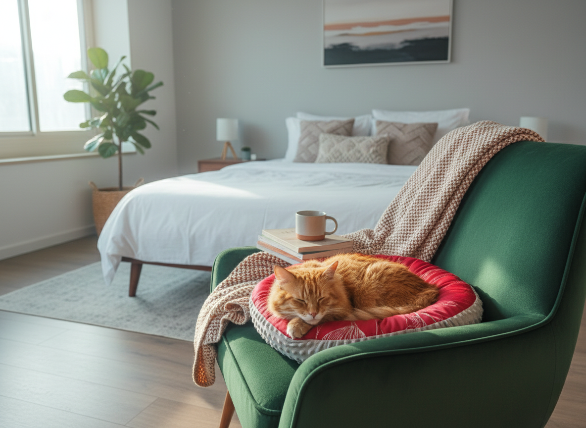 PANIER CHAT MOELLEUX GRIS & IMPRIME ROUGE 