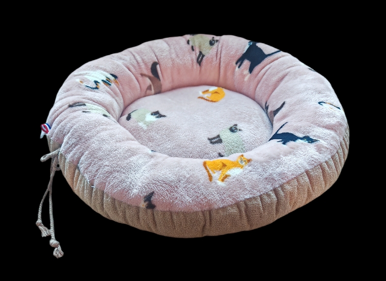 PANIER CHAT MOELLEUX BEIGE & ROSE IMPRIME