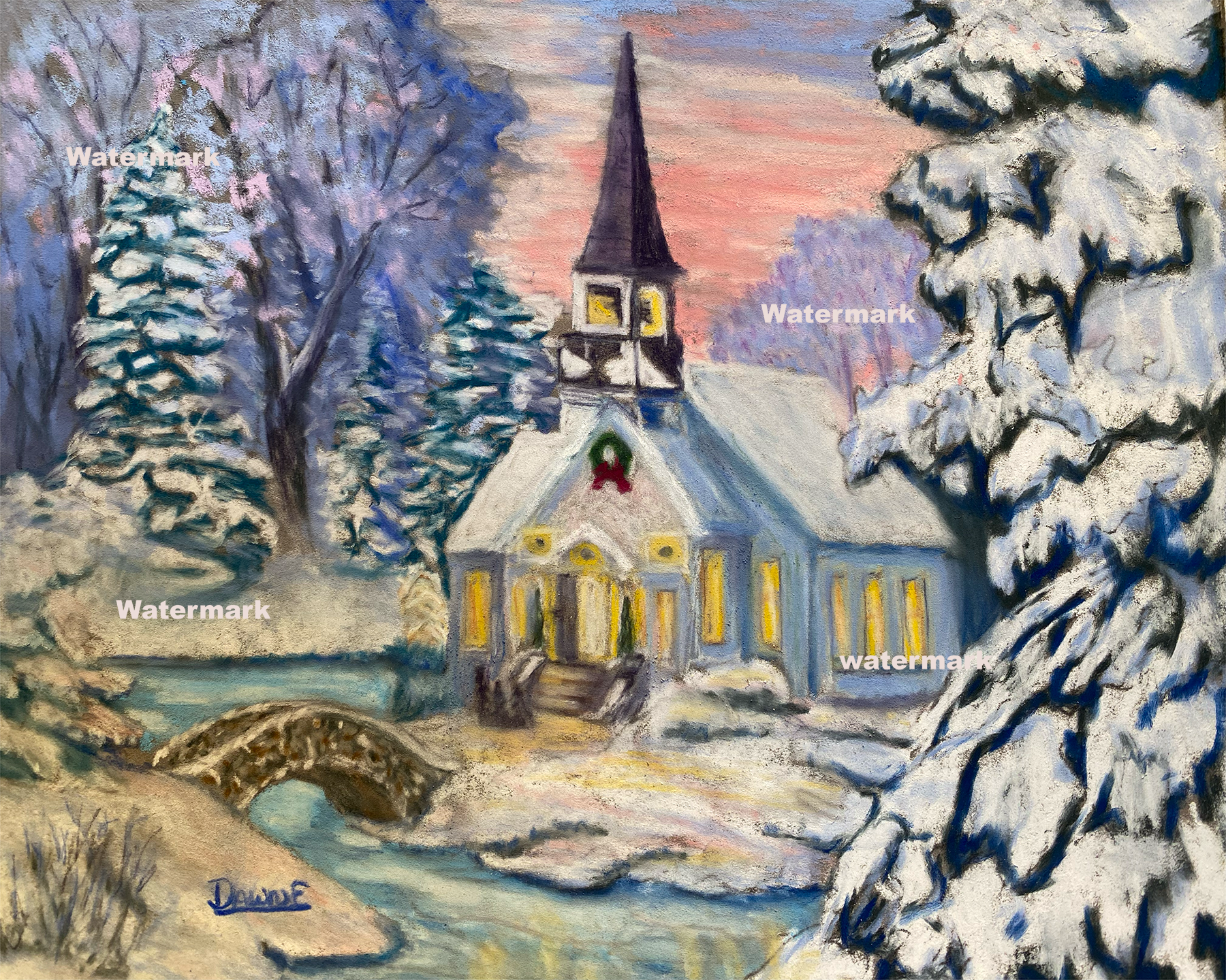 Church on the River 12 x 9 Pastel Painting Unframed