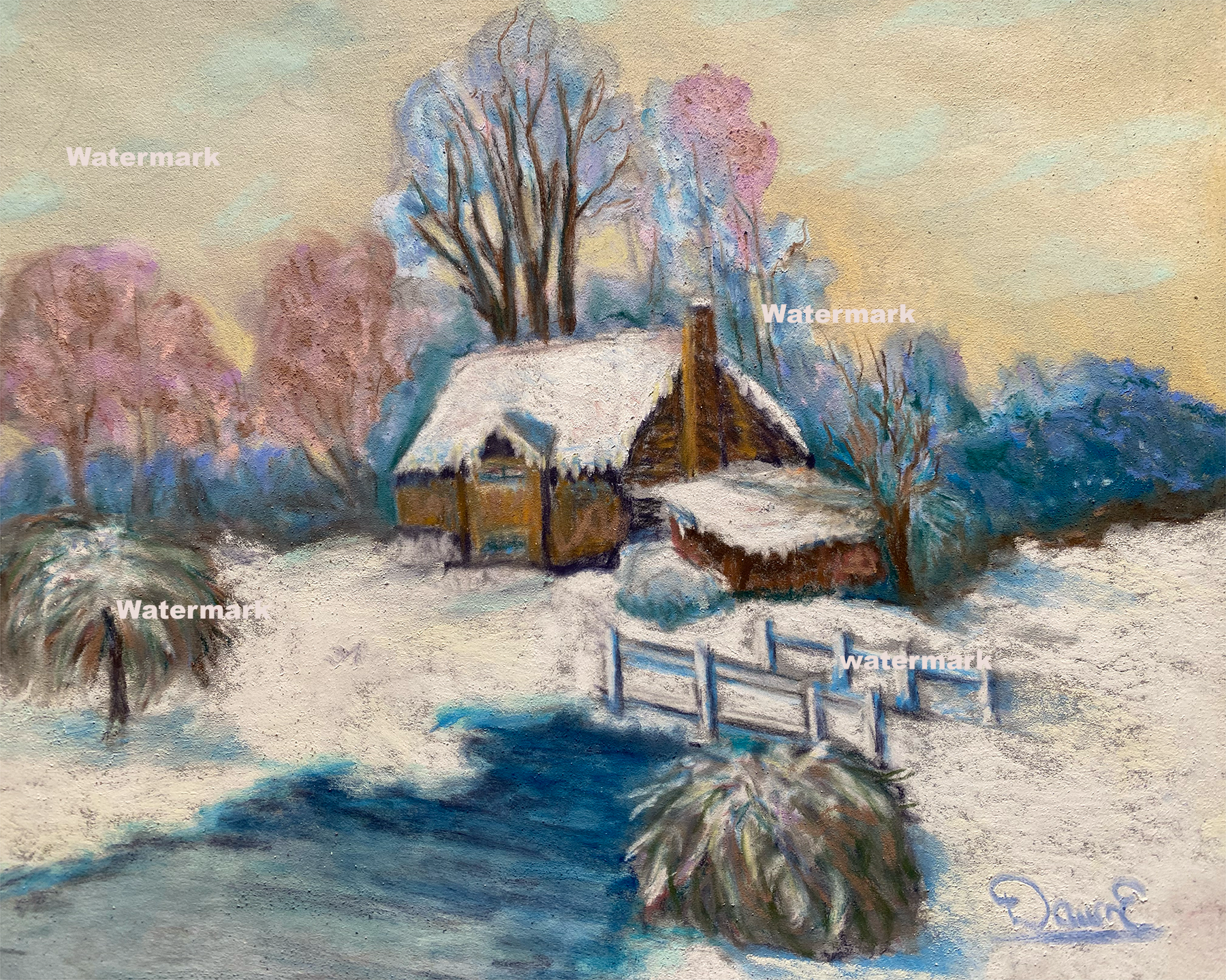 Christmas Cabin 12 x 9 Pastel Painting Unframed