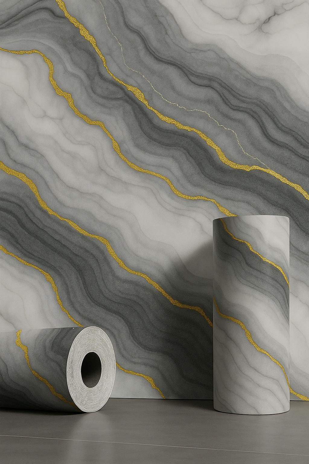 PAINEL ADESIVO DE PAREDE 3D UV MÁRMORE 3Mx60CM CINZA C/ DOURADO LUAZA