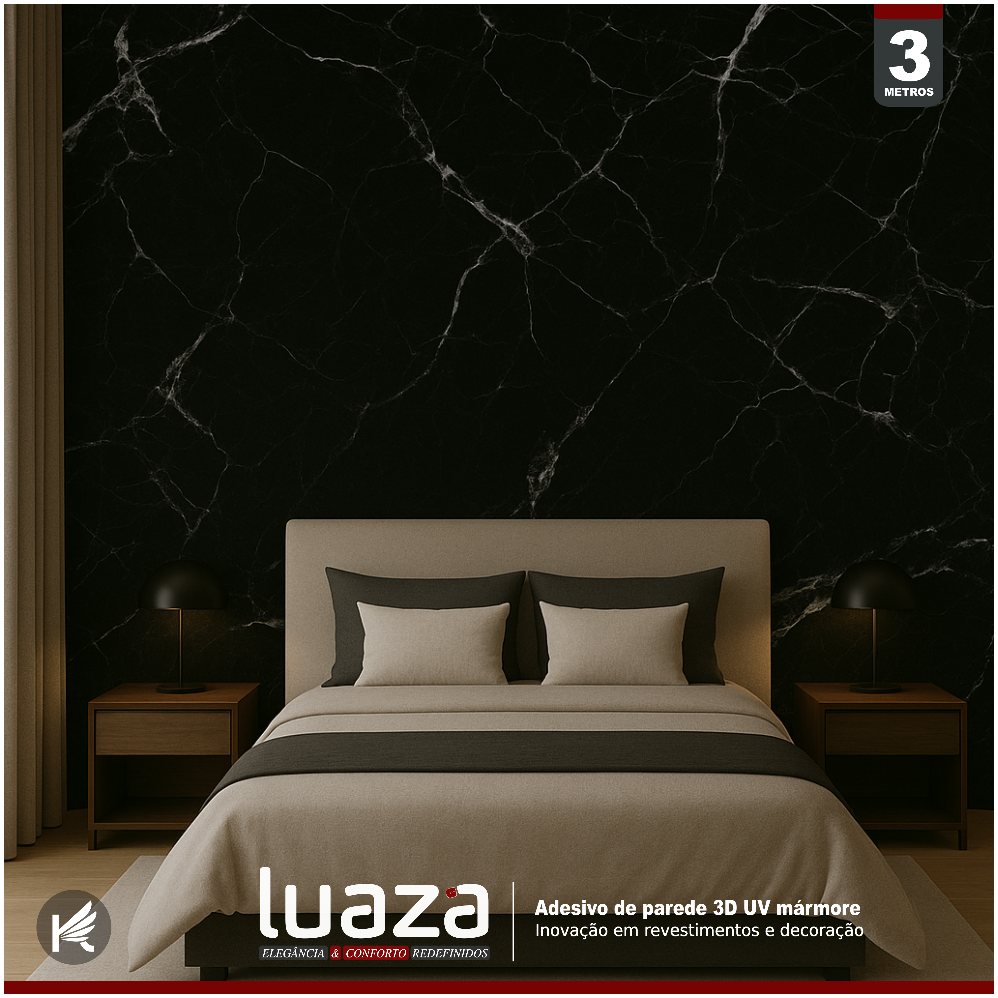 PAINEL ADESIVO DE PAREDE 3D UV MÁRMORE 3Mx60CM PRETO LUAZA