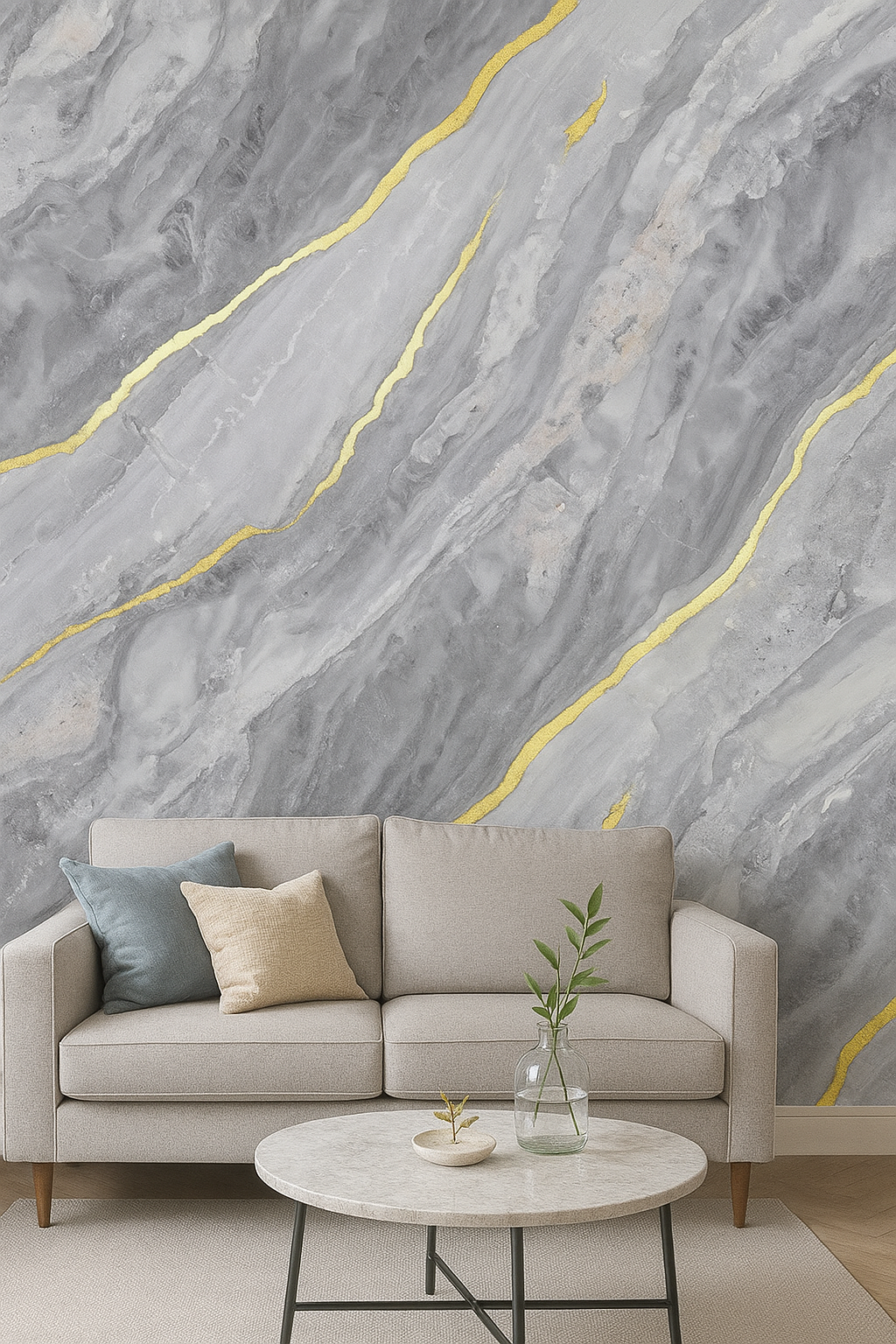 PAINEL ADESIVO DE PAREDE 3D UV MÁRMORE 3Mx60CM CINZA C/ DOURADO LUAZA