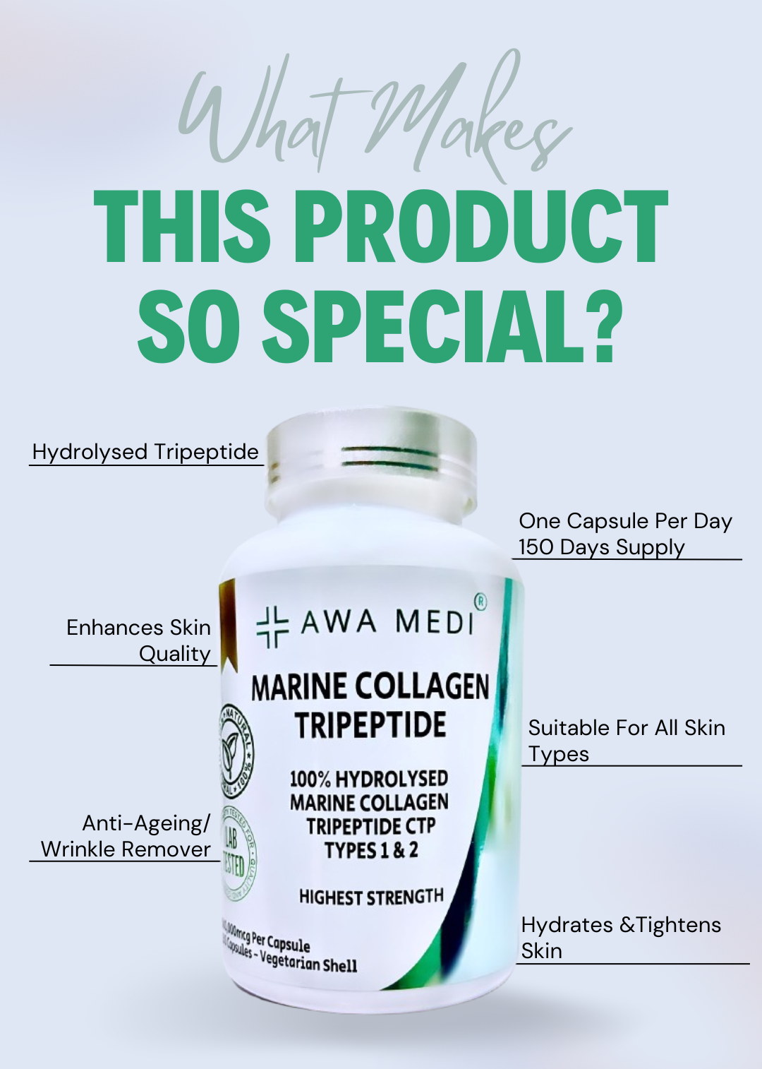 MARINE COLLAGEN CAPSULES 500,000MCG TRIPEPTIDE CTP HYDROLYSED COLLAGEN TYPE 1 & 2 - 5 Month Supply - Hair, Skin, Nails - One A Day