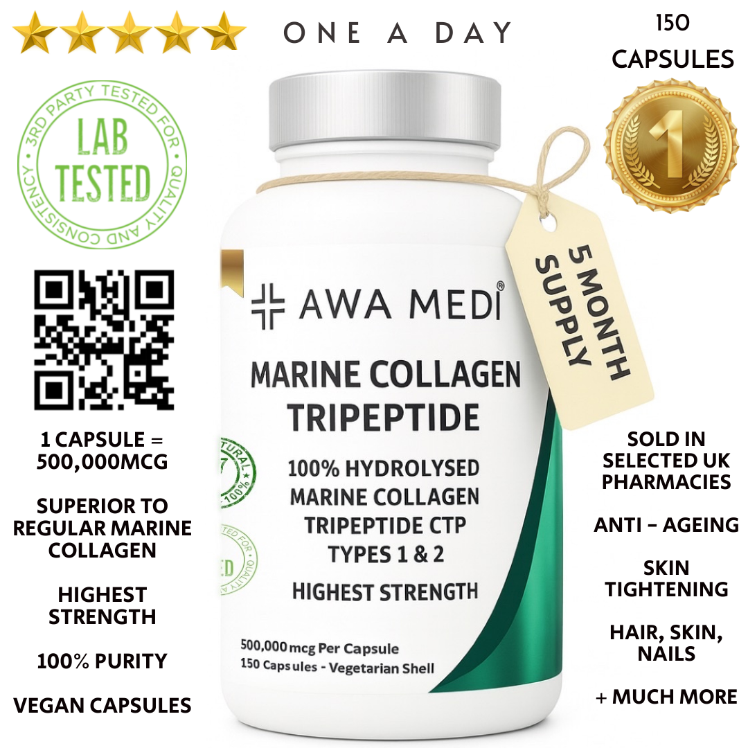 MARINE COLLAGEN CAPSULES 500,000MCG TRIPEPTIDE CTP HYDROLYSED COLLAGEN TYPE 1 & 2 - 5 Month Supply - Hair, Skin, Nails - One A Day