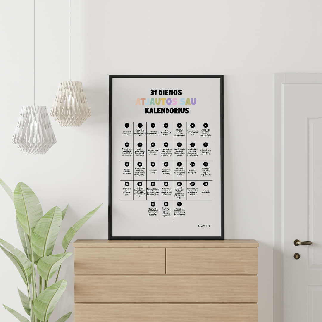 „31 dienos atjautos sau kalendorius“ - ugdantys plakatai emocinio intelekto lavinimui, dekoracijos vaiko kambariui ar klasei - A3 formatu