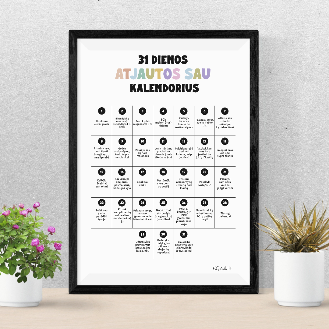 „31 dienos atjautos sau kalendorius“ - ugdantys plakatai emocinio intelekto lavinimui, dekoracijos vaiko kambariui ar klasei - A3 formatu