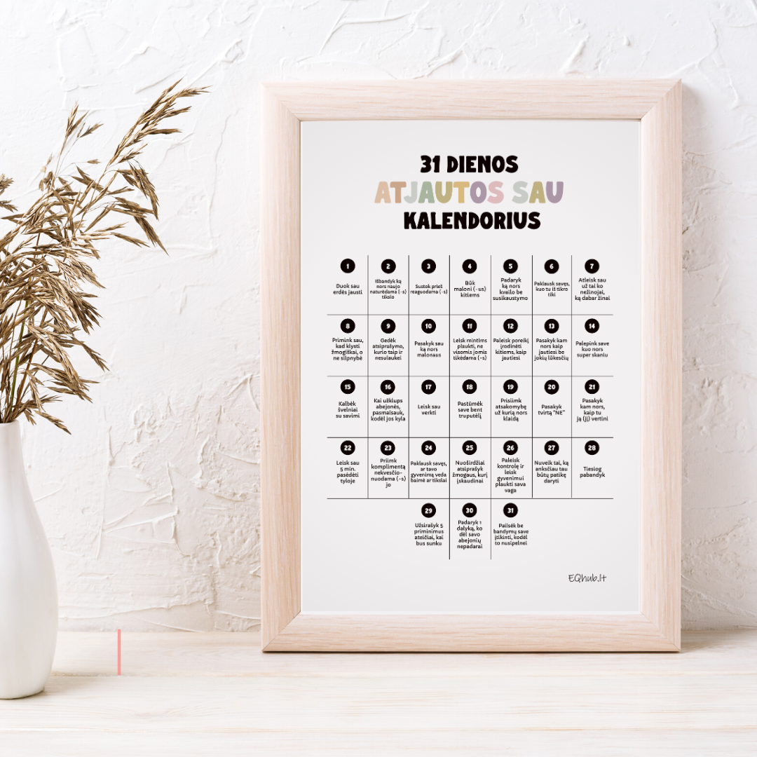 „31 dienos atjautos sau kalendorius“ - ugdantys plakatai emocinio intelekto lavinimui, dekoracijos vaiko kambariui ar klasei - A3 formatu