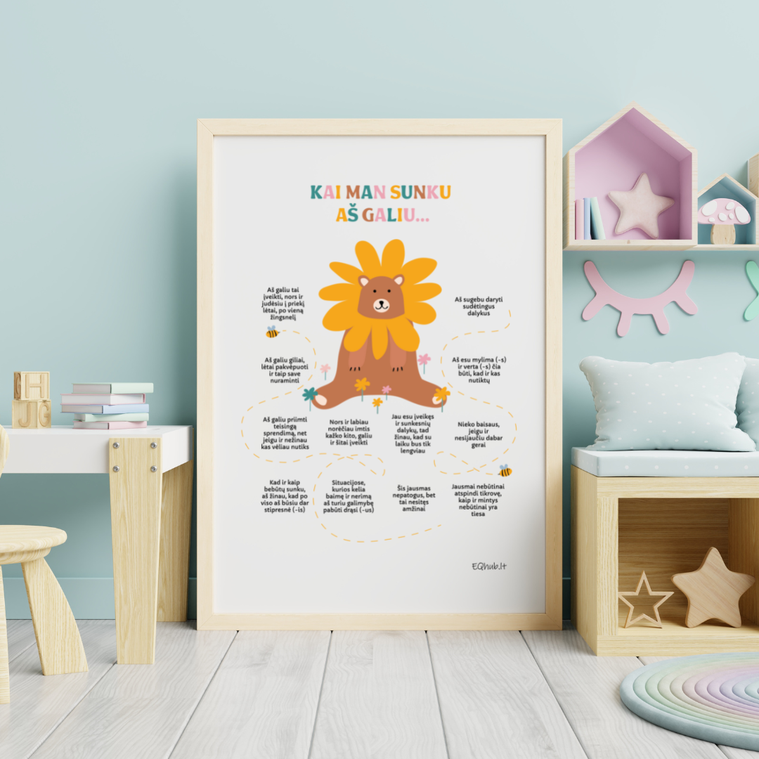 „Kai man sunku aš galiu“ - ugdantys plakatai emocinio intelekto lavinimui, dekoracijos vaiko kambariui ar klasei - A3 formatu