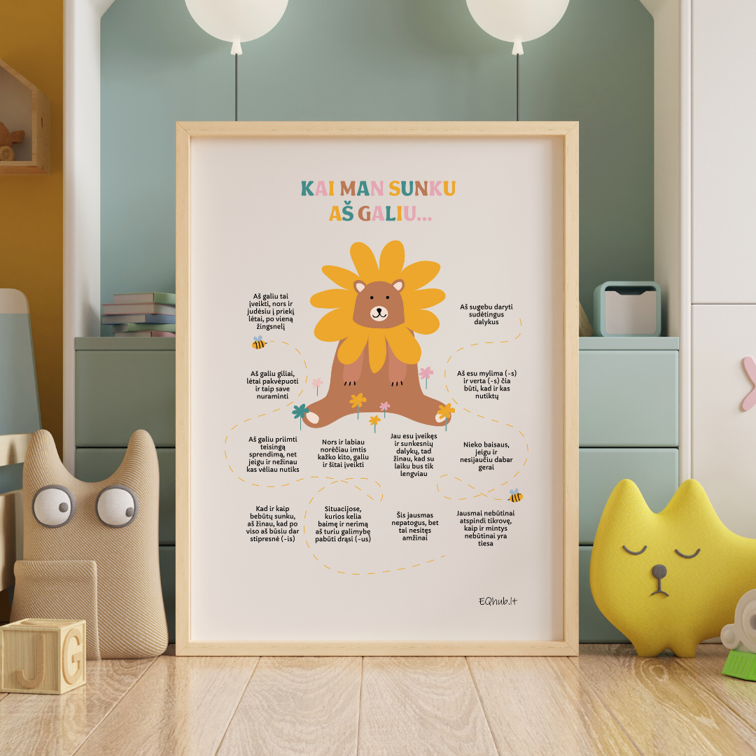 „Kai man sunku aš galiu“ - ugdantys plakatai emocinio intelekto lavinimui, dekoracijos vaiko kambariui ar klasei - A3 formatu