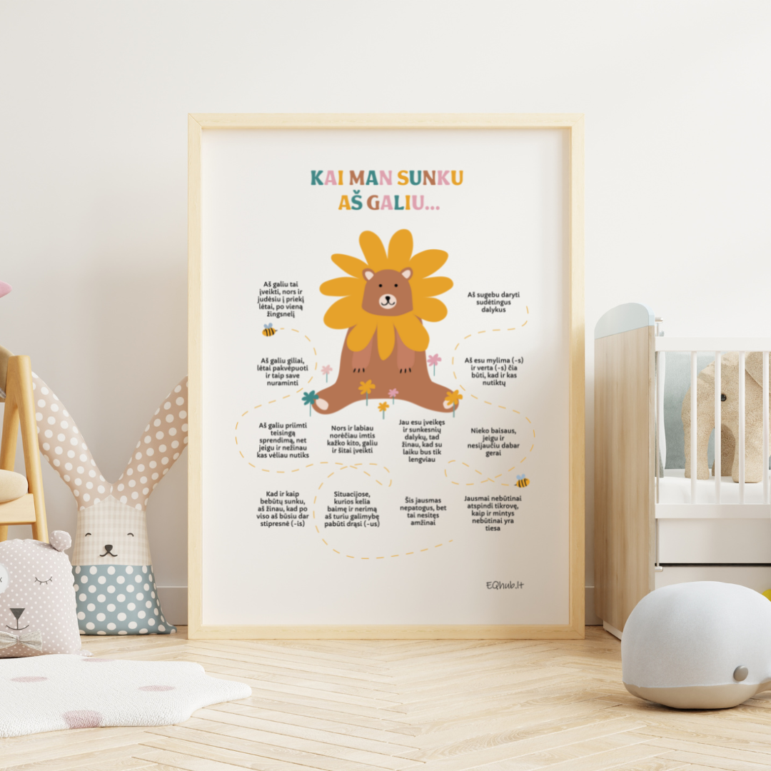 „Kai man sunku aš galiu“ - ugdantys plakatai emocinio intelekto lavinimui, dekoracijos vaiko kambariui ar klasei - A3 formatu