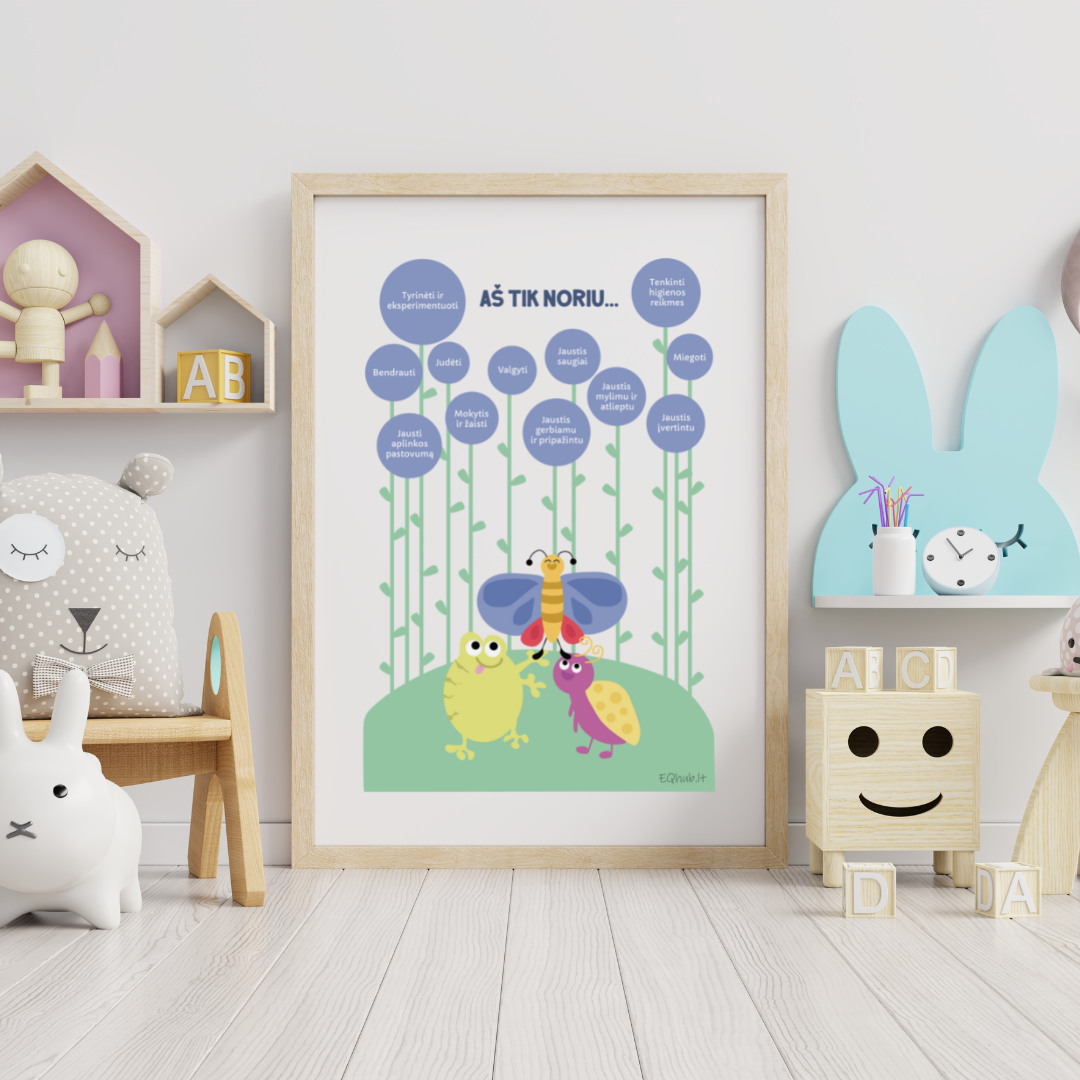 „Mano poreikiai“ - ugdantys plakatai emocinio intelekto lavinimui, dekoracijos vaiko kambariui ar klasei - A3 formatu