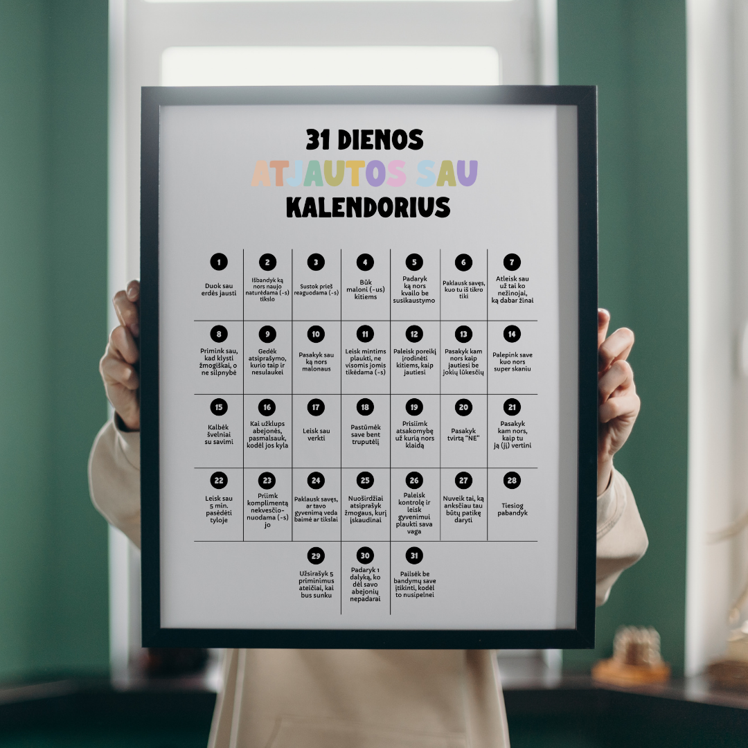 „31 dienos atjautos sau kalendorius“ - ugdantys plakatai emocinio intelekto lavinimui, dekoracijos vaiko kambariui ar klasei - A3 formatu