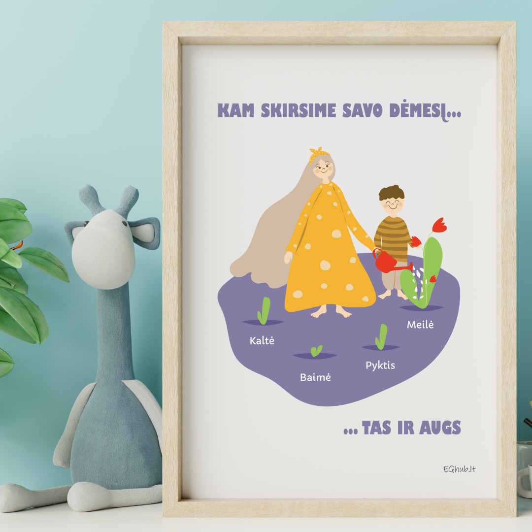 „Kam skirsime savo dėmesį, tas ir augs“ - ugdantys plakatai emocinio intelekto lavinimui, dekoracijos vaiko kambariui ar klasei - A3 formatu