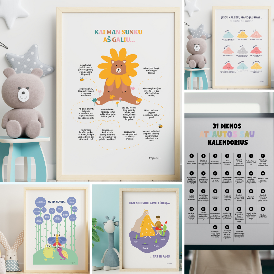 SUTAUPYK 20%: 5 plakatai emocinio intelekto lavinimui, dekoracijos vaiko kambariui ar klasei - A3 formatu