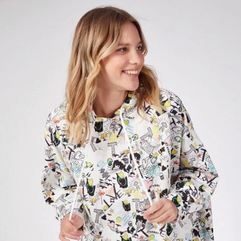 Multi-Cartoon Print Oversized Hooded Top