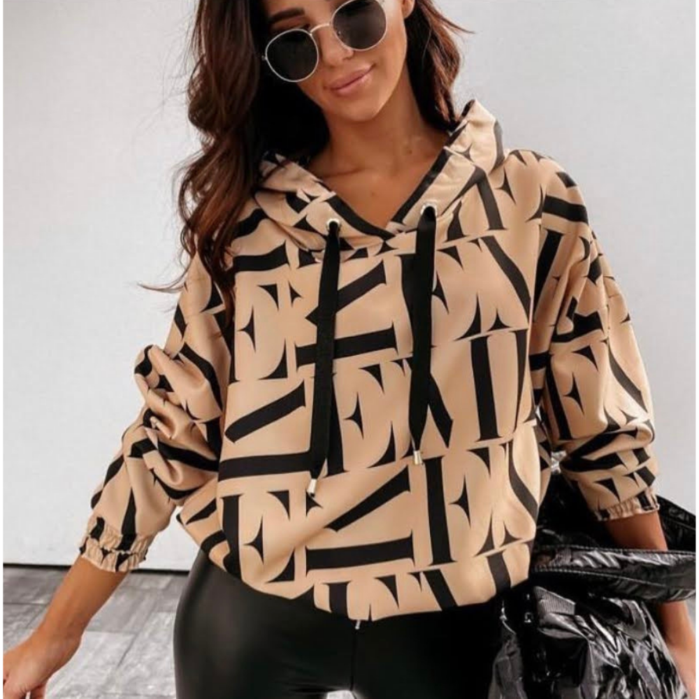Beige Letter Print Hooded Crop Top