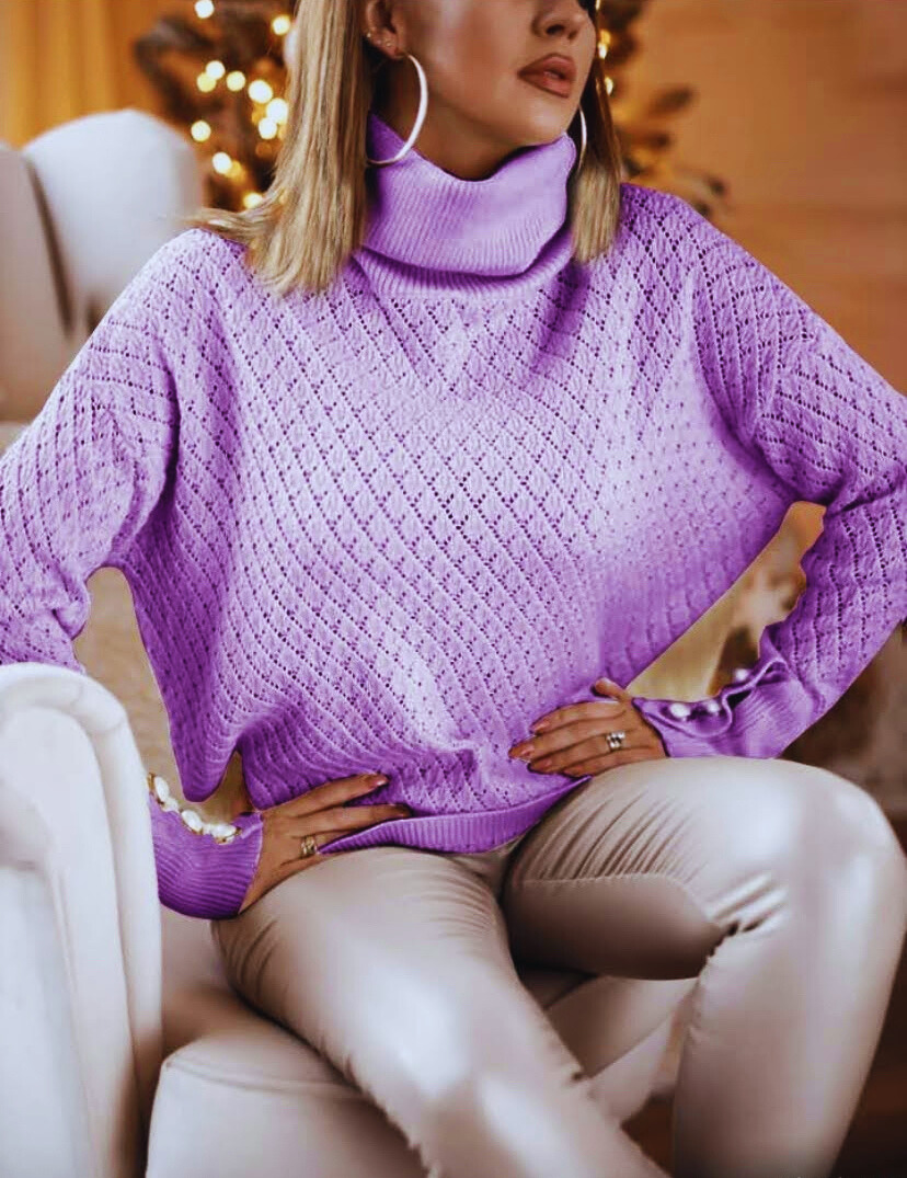 Purple Liliac Turtled Neck Laser Cut  Knit Sweater