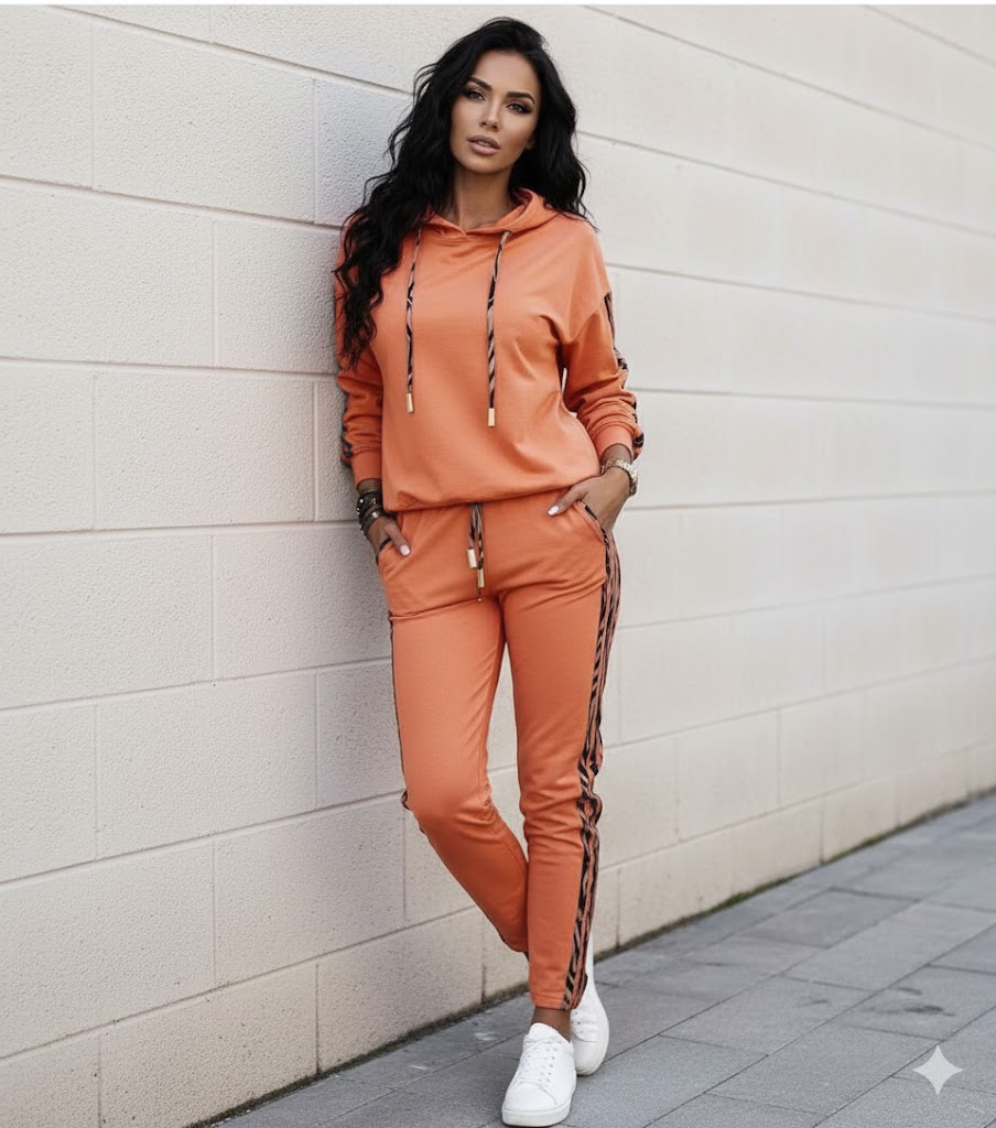 Orange Drawstring Hoodie Leopard Print Sleeve Contrast Set