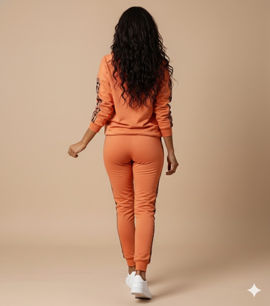 Orange Drawstring Hoodie Leopard Print Sleeve Contrast  Set