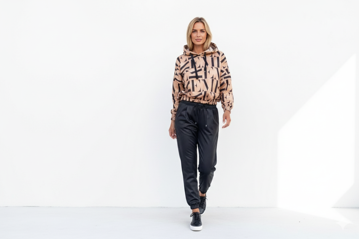 Beige Letter Print Hooded Crop Top