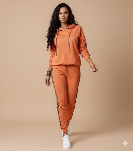 Orange Drawstring Hoodie Leopard Print Sleeve Contrast  Set