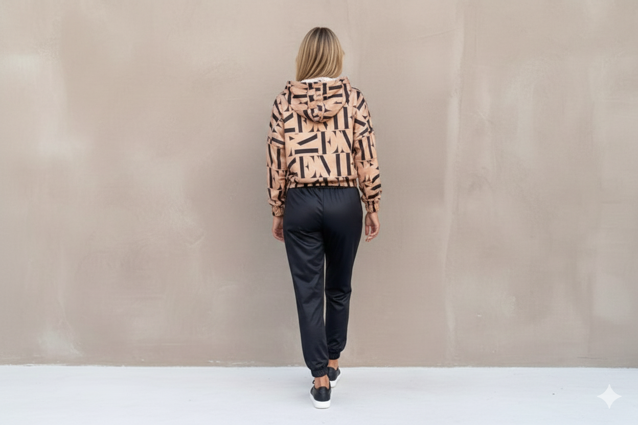 Beige Letter Print Hooded Crop Top