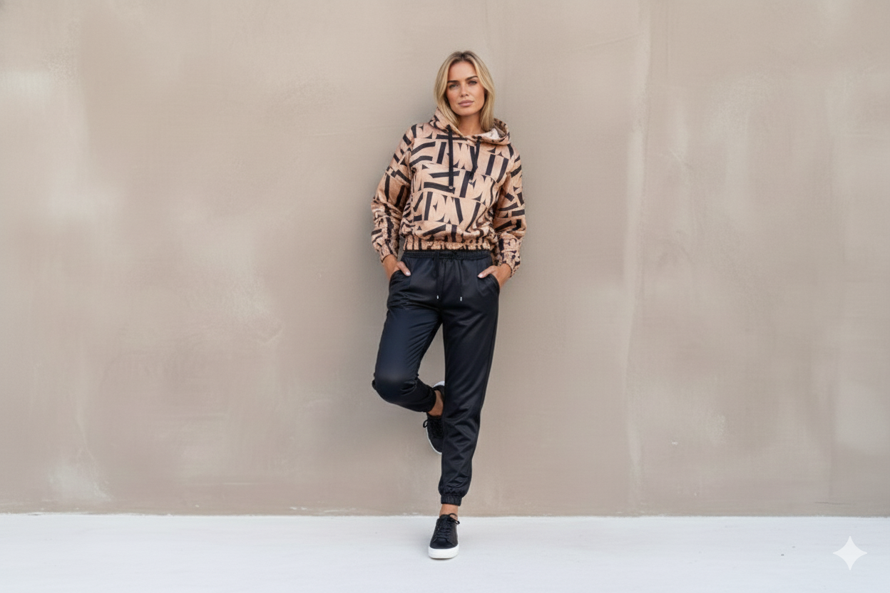 Beige Letter Print Hooded Crop Top