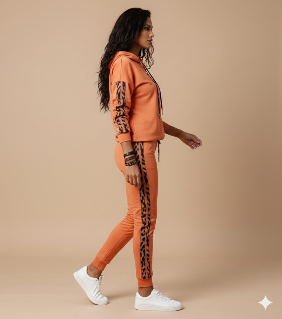 Orange Drawstring Hoodie Leopard Print Sleeve Contrast  Set