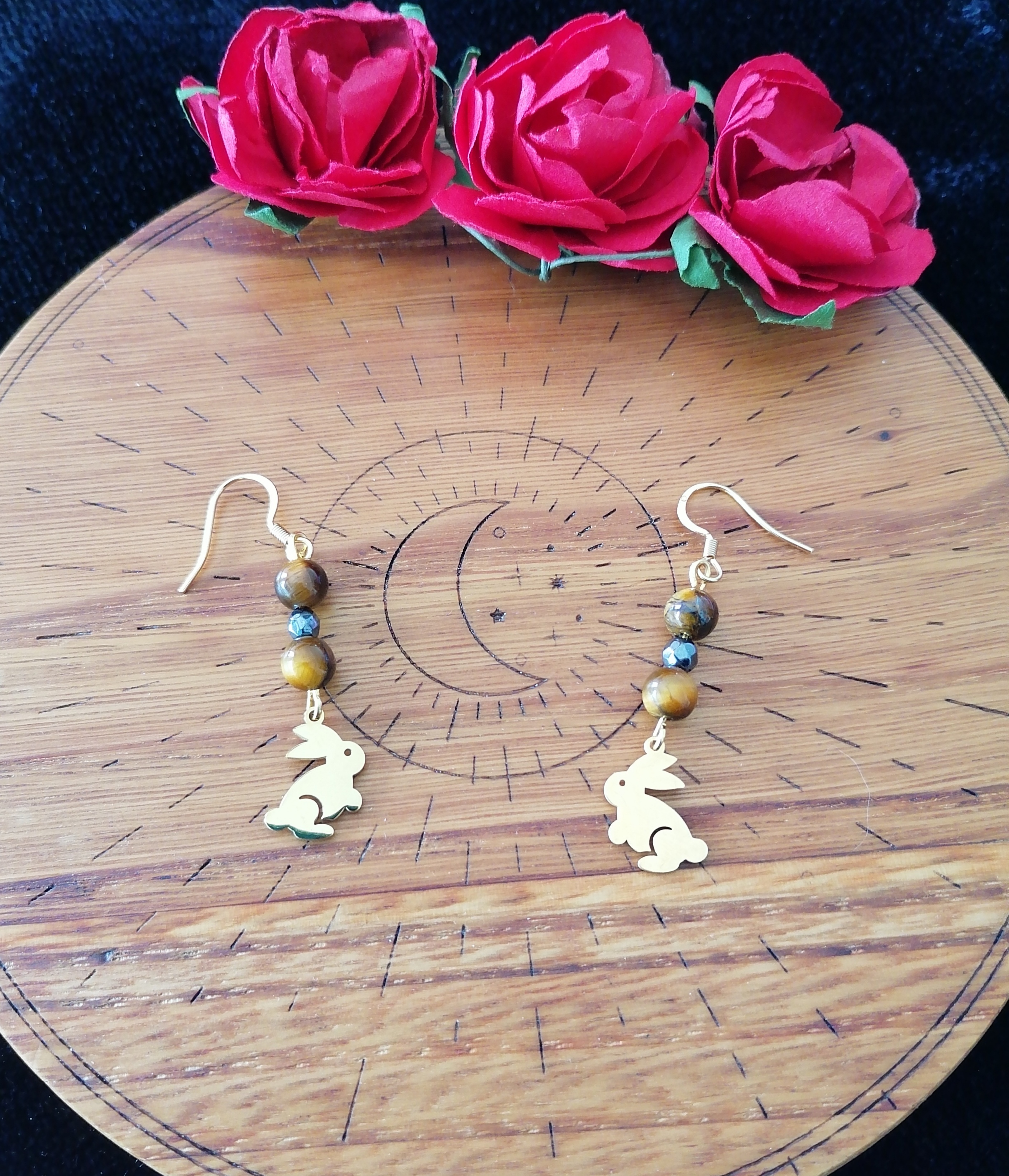 Boucles d'oreilles "mon lapin" en œil de tigre et hématite 
