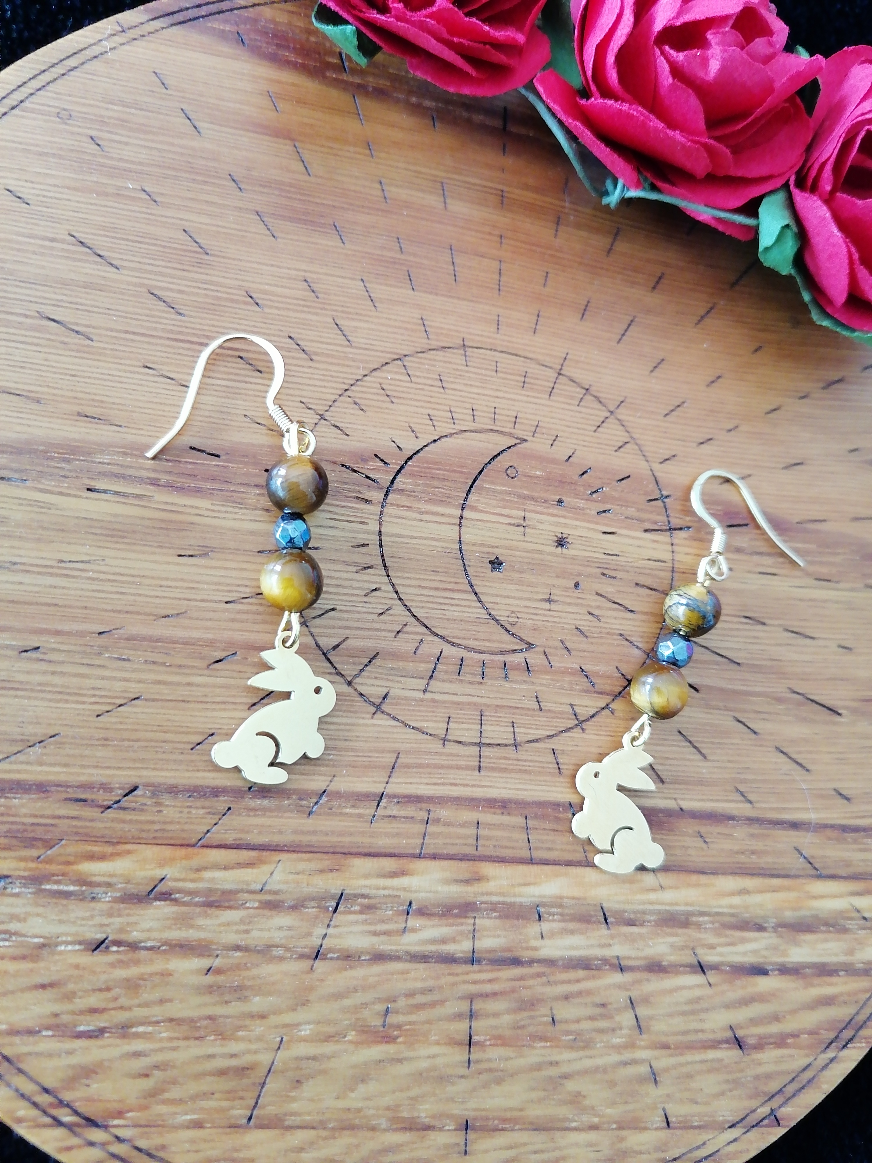 Boucles d'oreilles "mon lapin" en œil de tigre et hématite 
