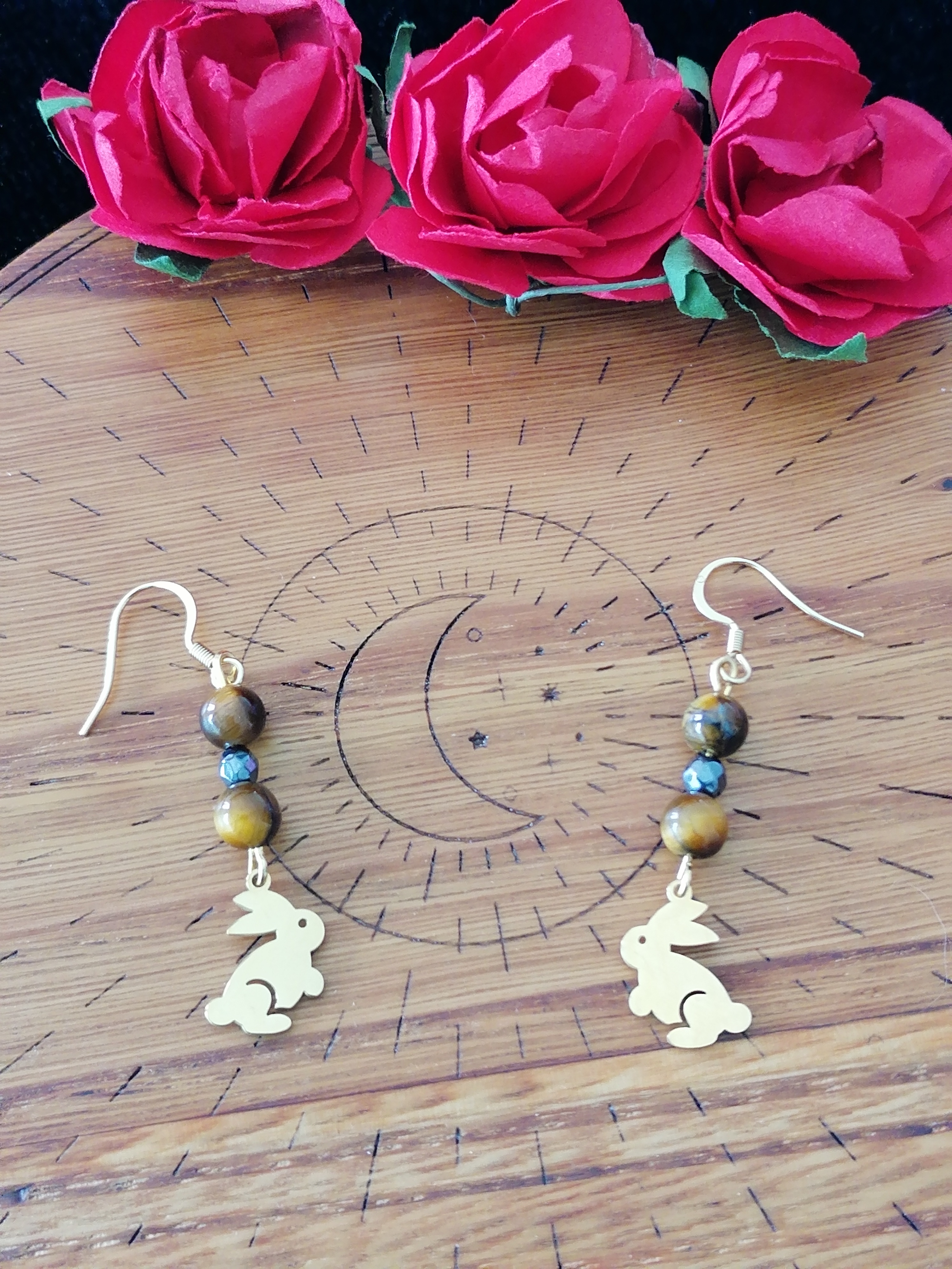Boucles d'oreilles "mon lapin" en œil de tigre et hématite 
