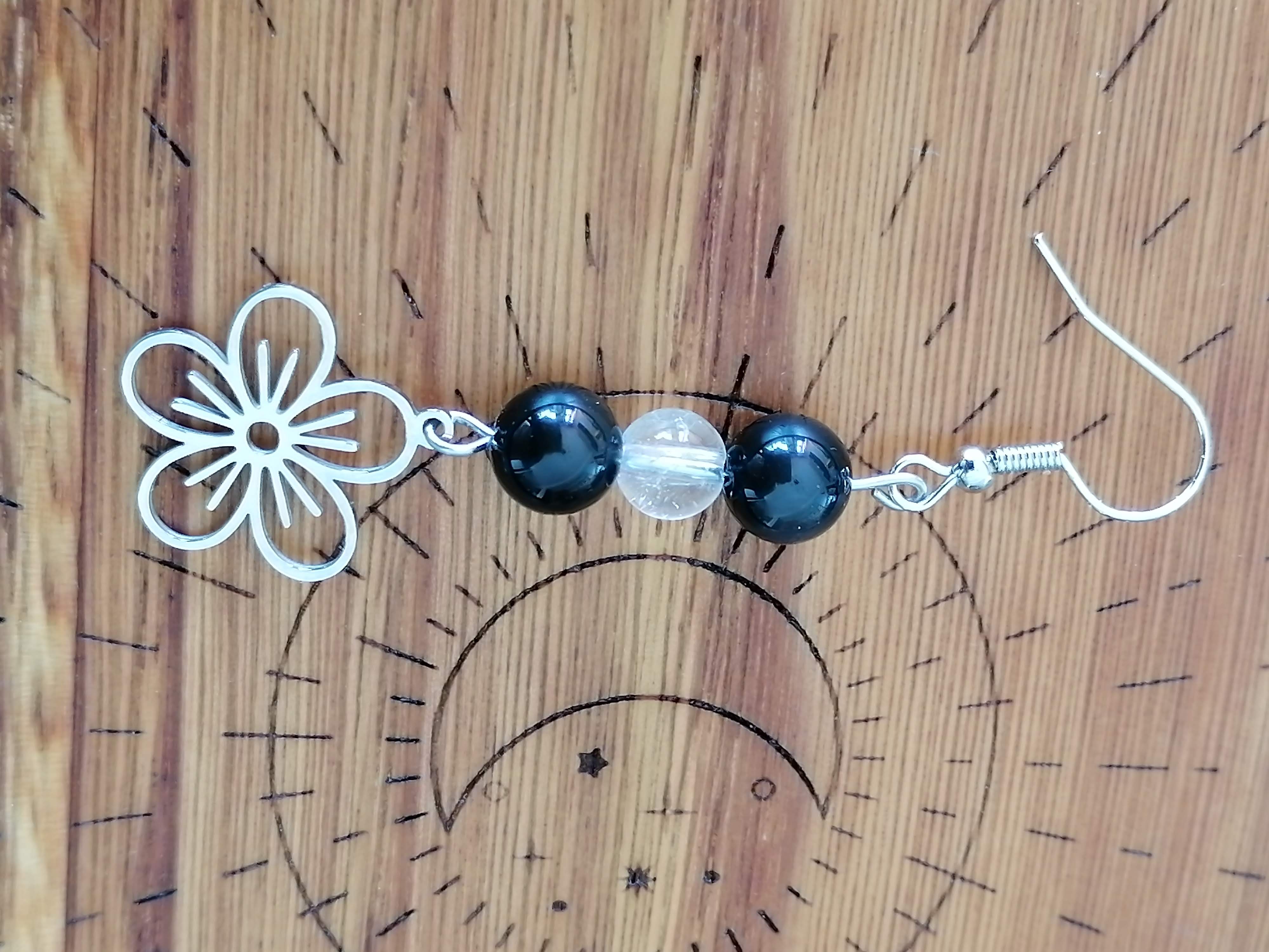 Boucles d'oreilles "fleur de printemps" en obsidienne dorée et cristal de roche