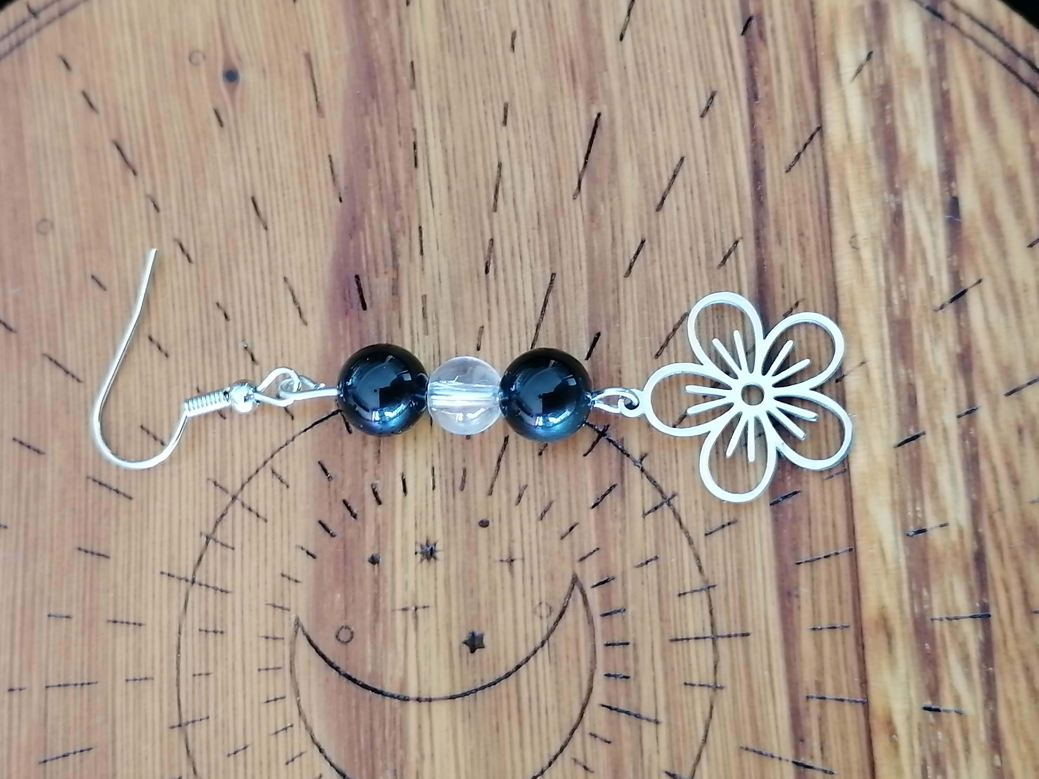 Boucles d'oreilles "fleur de printemps" en obsidienne dorée et cristal de roche