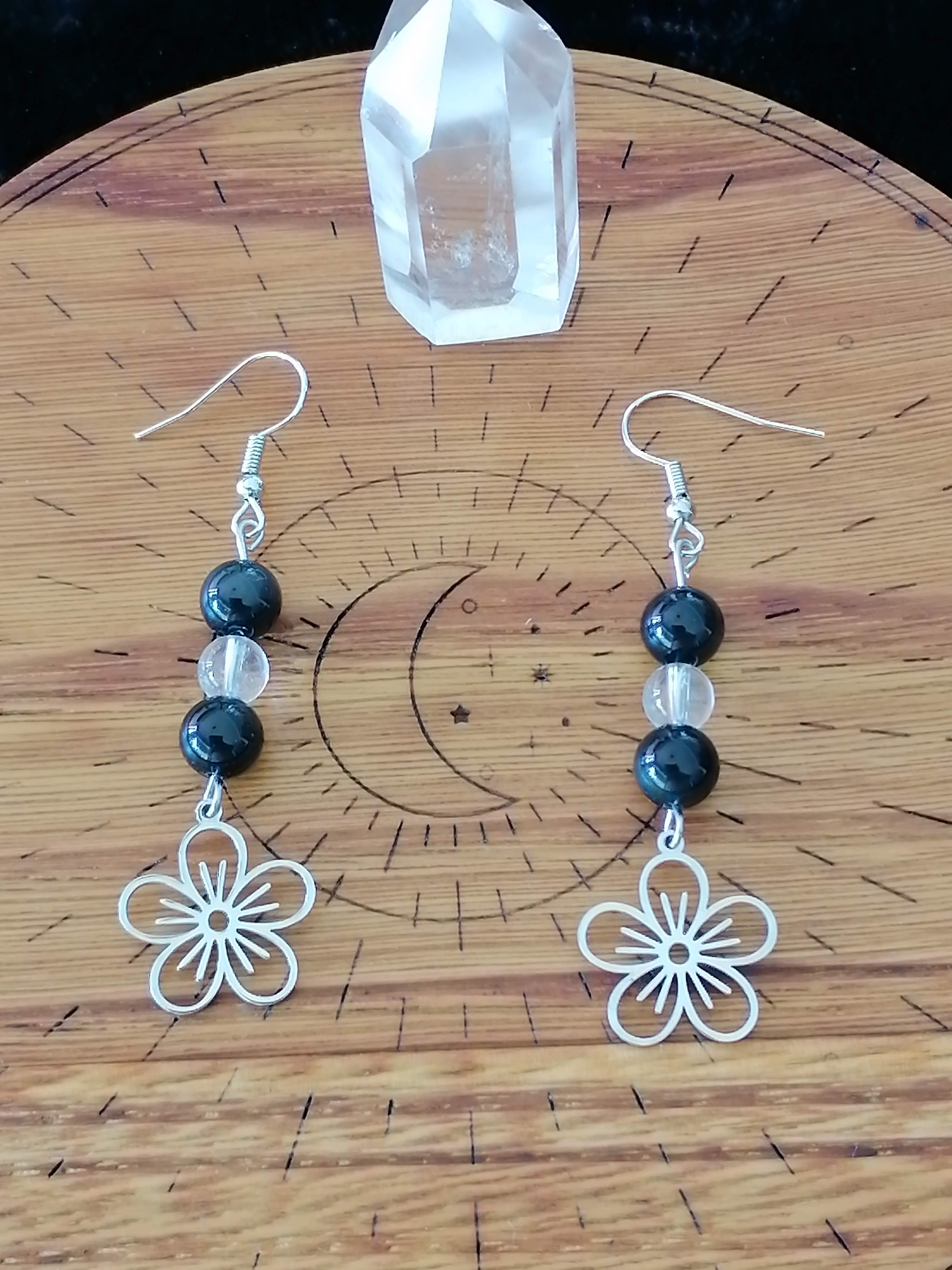 Boucles d'oreilles "fleur de printemps" en obsidienne dorée et cristal de roche