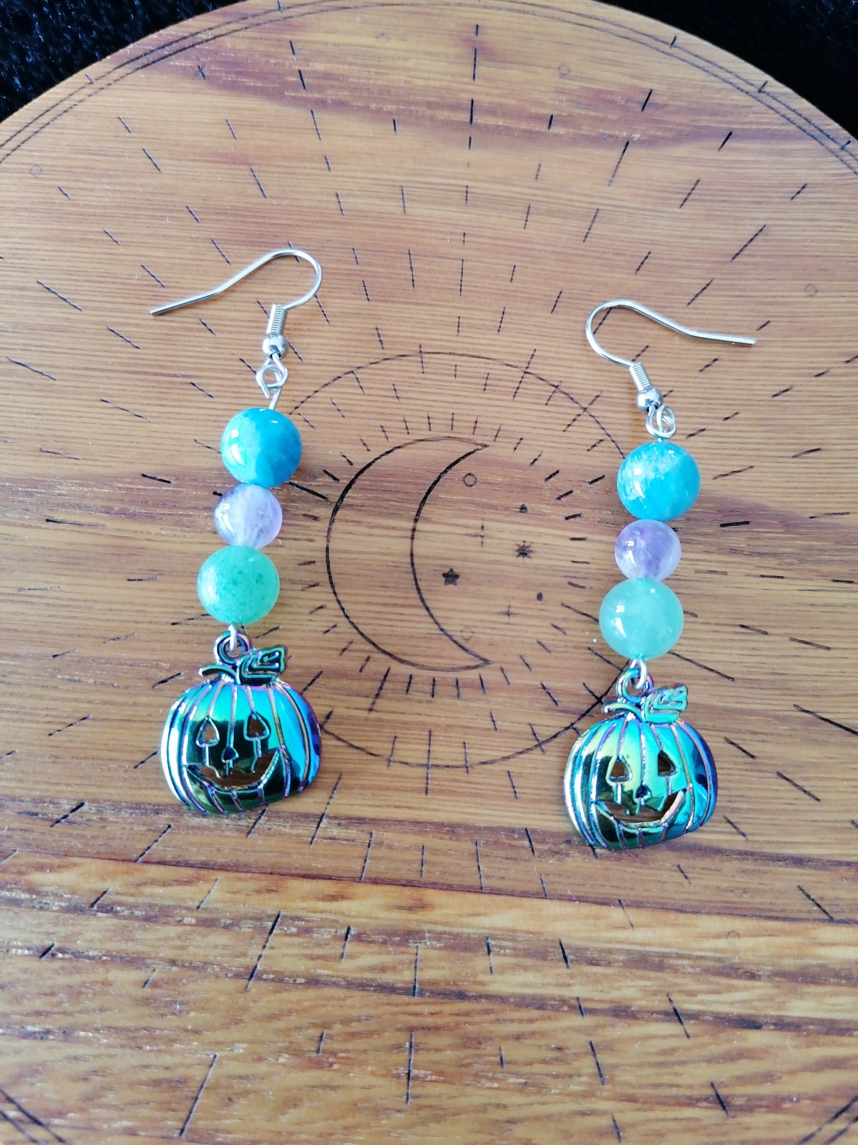 Boucles d'oreilles "citrouille" en aventurine, apatite et améthyste