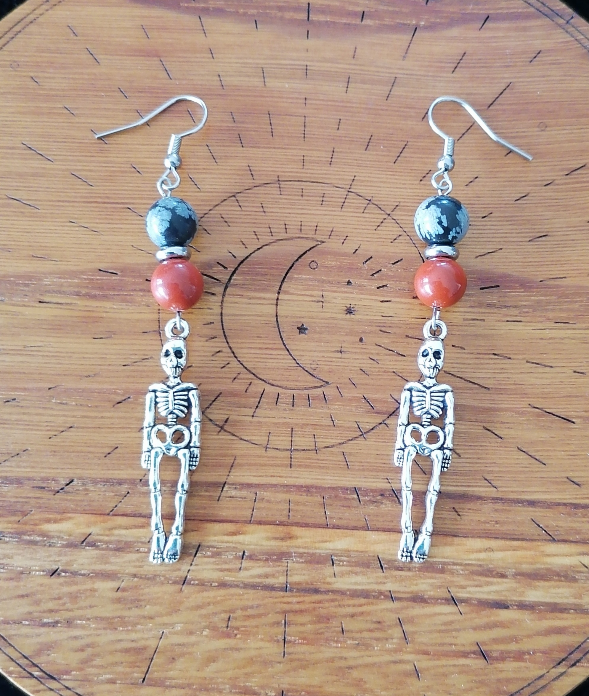 Boucles d'oreilles "squelette" en obsidienne neige et jaspe rouge